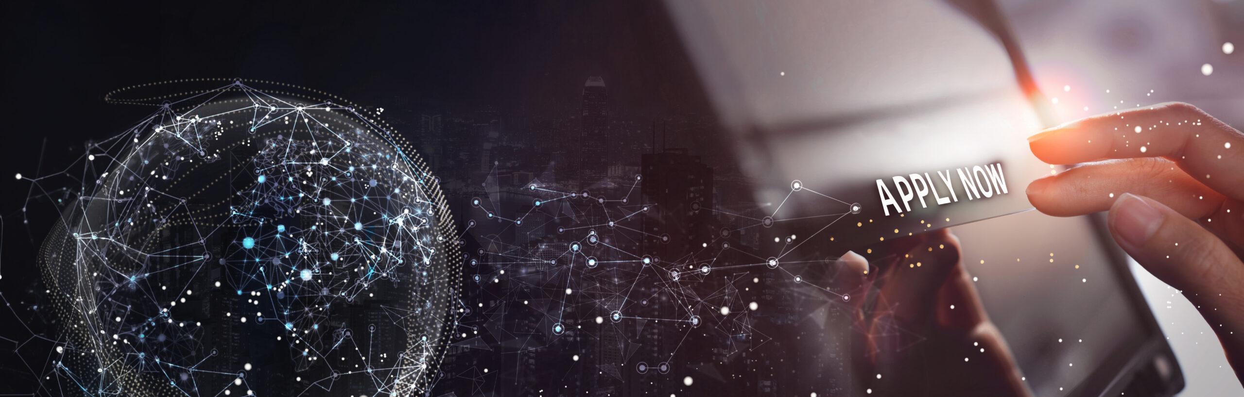 Global internet network connection, digital technology concept. Business man using digital tablet with global network and smart city for business and technology background, digital transformation